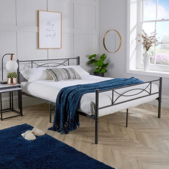 Saturn Metal Curved Pattern Platform Bed Dark Grey